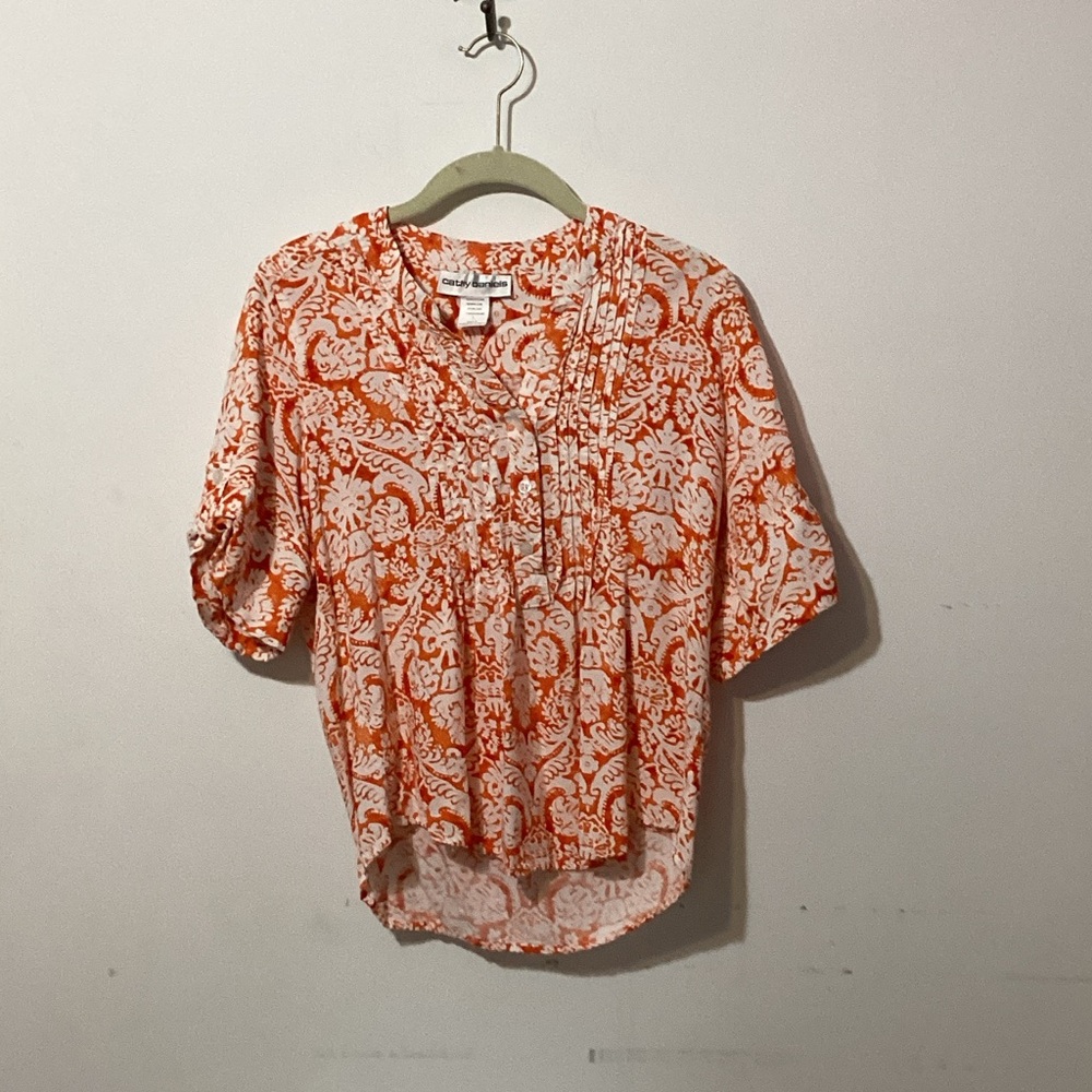 Cathy Daniels Orange & White Paisley Pintuck Blouse - Size Large